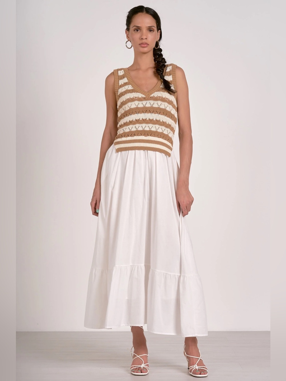 Elan Cream Maxi Dress with Tan Knit V-Neck Bodice